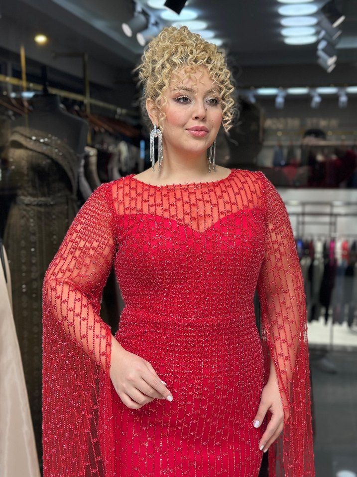 Parıltılı Kırmızı Uzun Kollu Abiye Elbise - Görsel 2