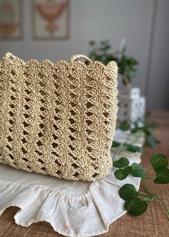 Bej Dantel İşlemeli Örgü Kadın Çanta - Görsel 4