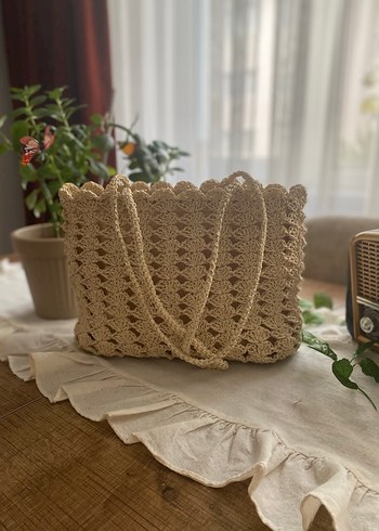 Bej Dantel İşlemeli Örgü Kadın Çanta - Görsel 2