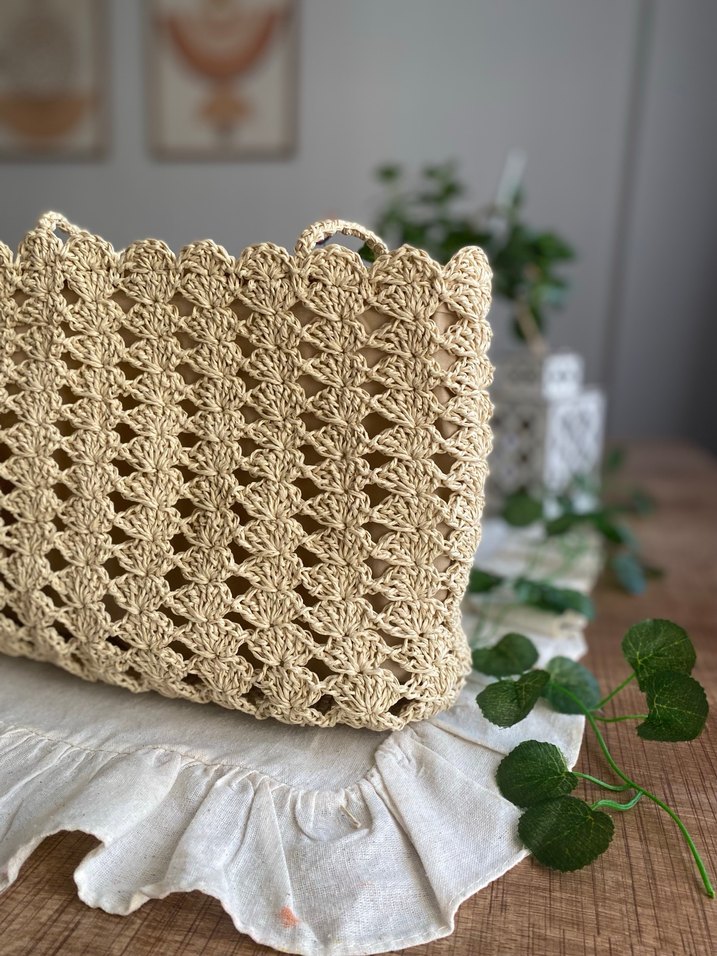 Bej Dantel İşlemeli Örgü Kadın Çanta - Görsel 4