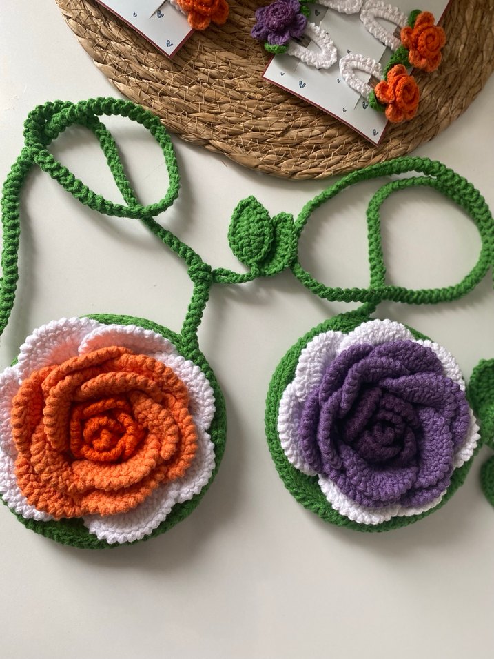 Renkli Örgü Çiçekli Bohem Kız Çantası - Görsel 2