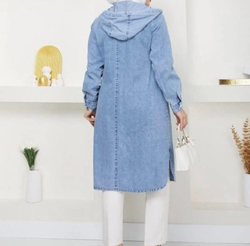 Kadın Uzun Boy Açık Mavi Kot Ceket - Görsel 2