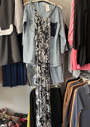 Mavi Desenli Uzun Salaş Bohem tulum - Görsel 3