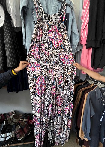 Mavi Desenli Uzun Salaş Bohem tulum - Görsel 2