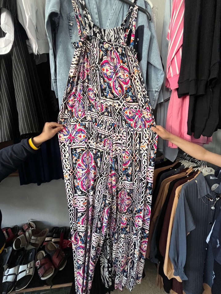 Mavi Desenli Uzun Salaş Bohem tulum - Görsel 2