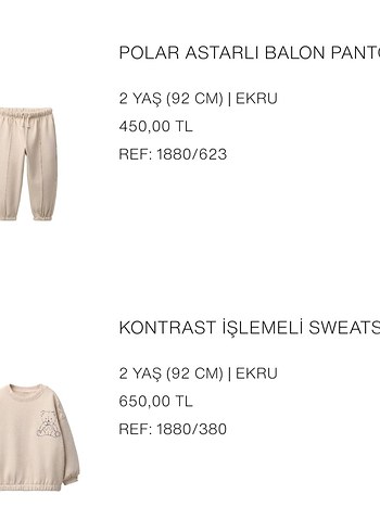 Zara 2 Yas Ekru Polar Astarli Cocuk Takimi