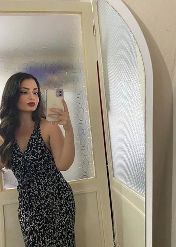 Siyah Desenli boyundan bağlamalı Midi Elbise