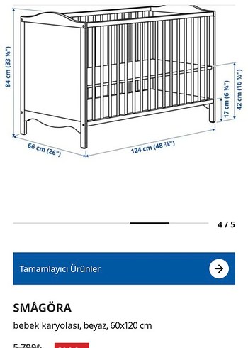 SMÅGÖRA Beyaz Bebek Karyolası 60x120 cm