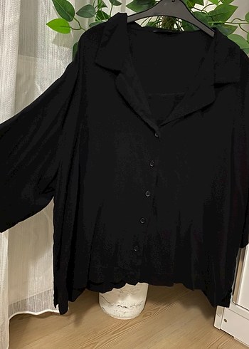 Siyah Kadın Keten Gömlek, Rahat Kesim, Düğmeli