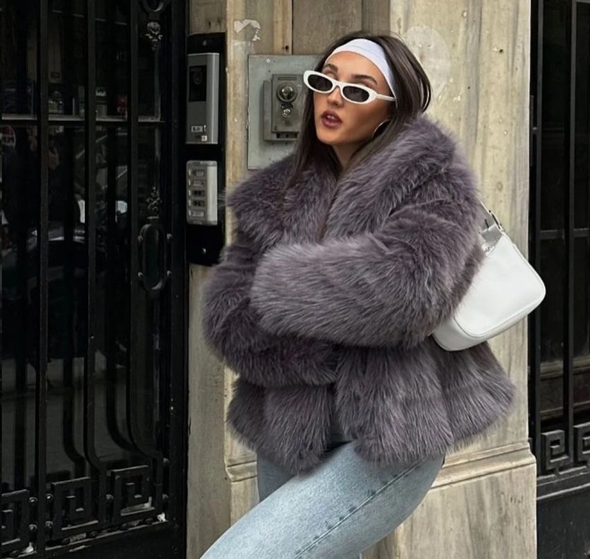 Gri Desenli Kısa Kadın Suni Kürk - Görsel 2