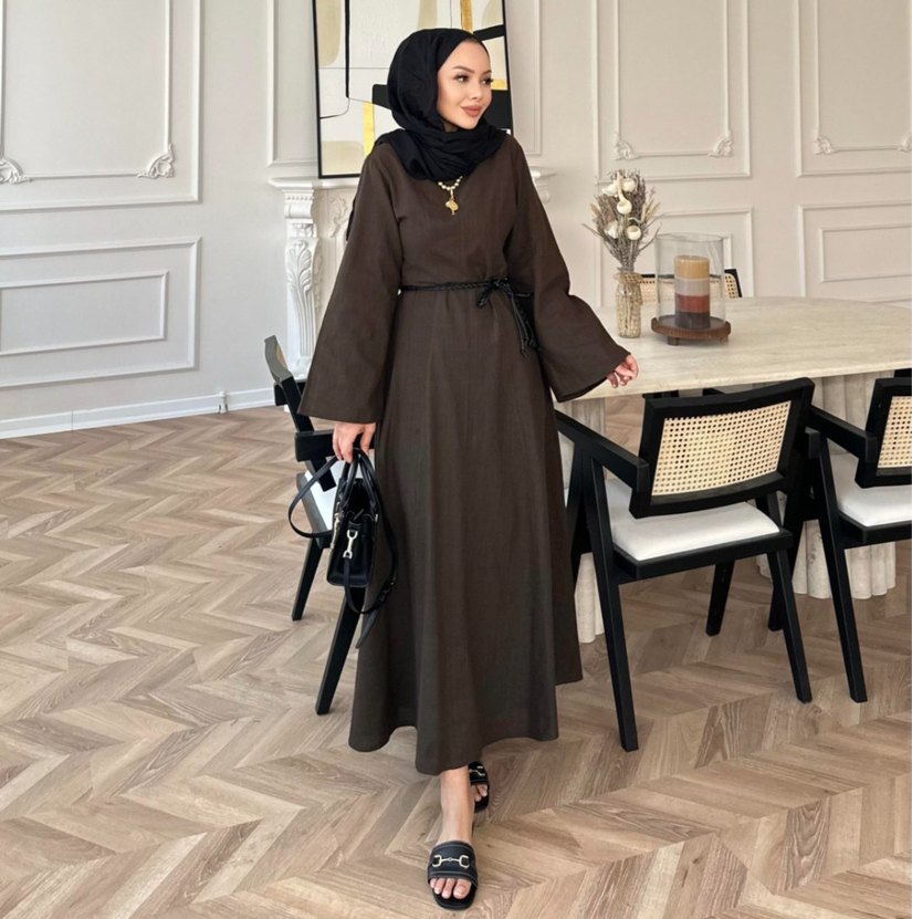 Acı kahve keten elbise - Görsel 2