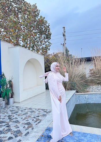 Pembe Drapeli Uzun Abiye Elbise - Görsel 5