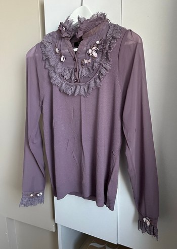 Dantel Detaylı Lila Renk Şık Bluz  - Görsel 6