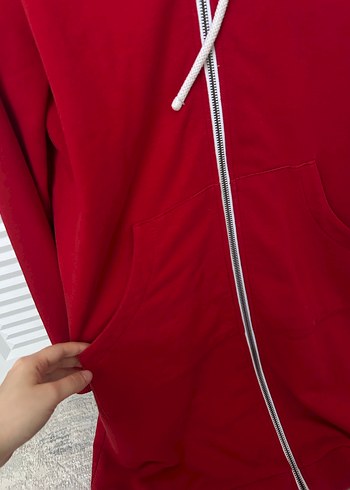 Kırmızı Fermuarlı Kapüşonlu Sweatshirt - Görsel 5