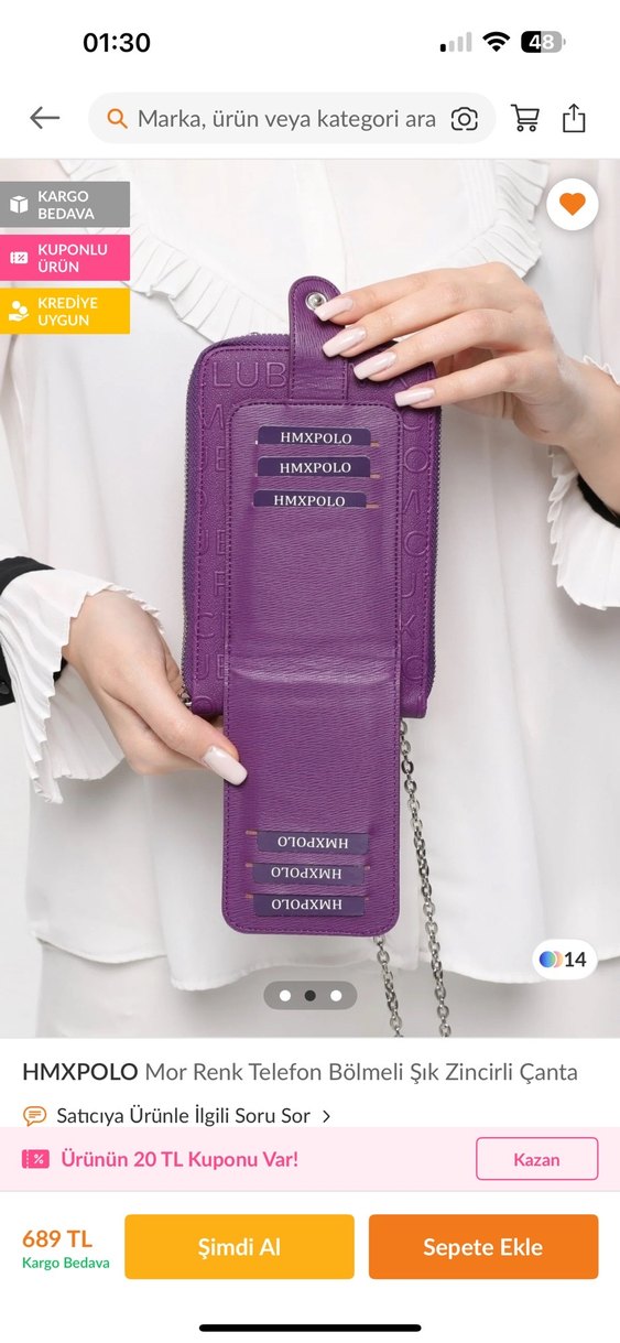 HMXPOLO Mor Zincir Detaylı Telefon Bölmeli Çanta - Görsel 2