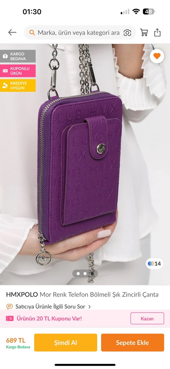 HMXPOLO Mor Zincir Detaylı Telefon Bölmeli Çanta - Görsel 4