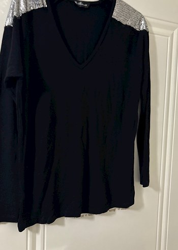 Siyah V Yaka Payetli Uzun Kollu Bluz - Görsel 4