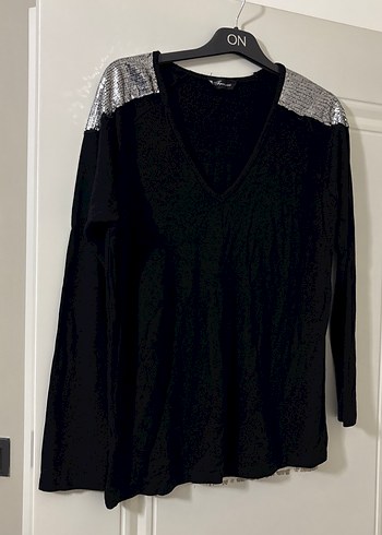 Siyah V Yaka Payetli Uzun Kollu Bluz - Görsel 5