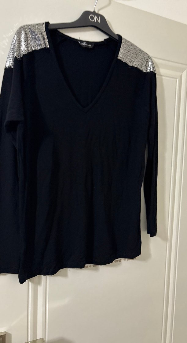 Siyah V Yaka Payetli Uzun Kollu Bluz - Görsel 4