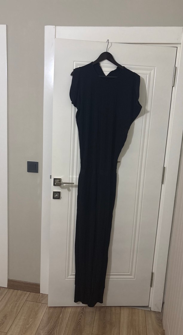 Siyah Kolsuz Uzun Keten Tulum - Görsel 2