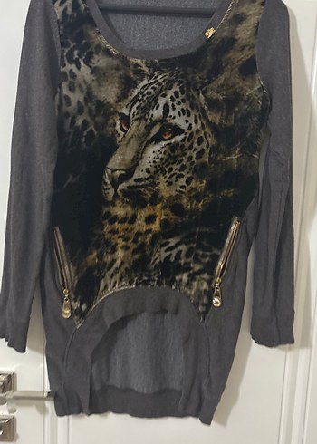 Kürk Detaylı Gri Baskılı Uzun Kollu Bluz - Görsel 8