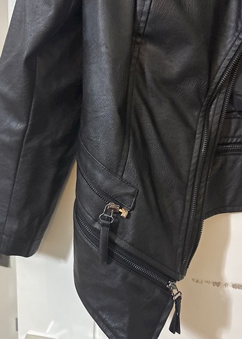 Deri Siyah Kadın Biker Ceket - Görsel 5