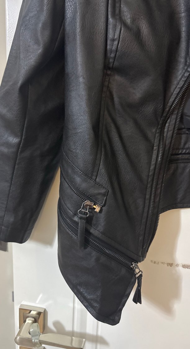 Deri Siyah Kadın Biker Ceket - Görsel 5