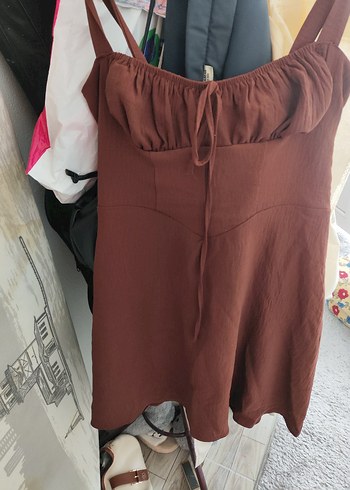 Kahverengi Keten Mini Drapeli Mini Elbise (L)