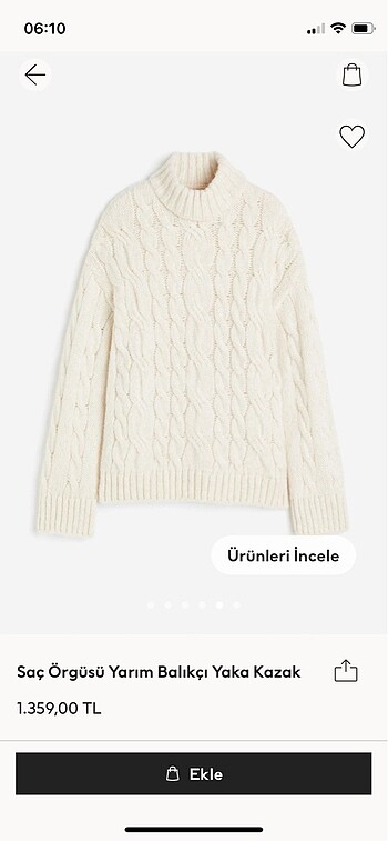 32 Beden beyaz Renk H&M Saç Örgüsü Kazak
