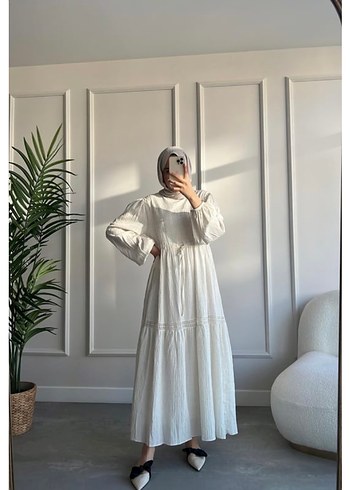 Suud Collection Bohem Tarzı Beyaz Keten Uzun Elbise