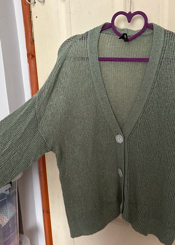 Gri V Yakalı Örgü Kadın Hırka - Görsel 2