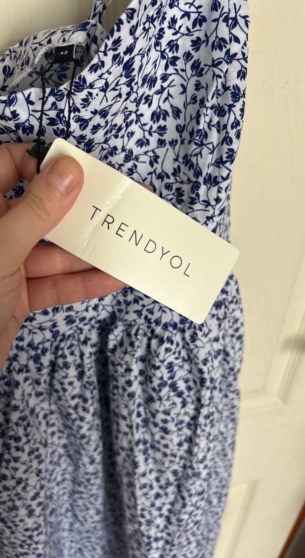 Mavi Baskılı Askısız Midi Elbise - Görsel 4