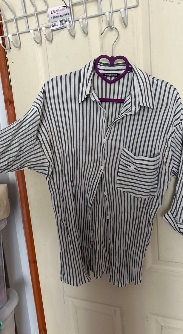 Gri Beyaz Çizgili Uzun Kollu Keten Gömlek - Görsel 2