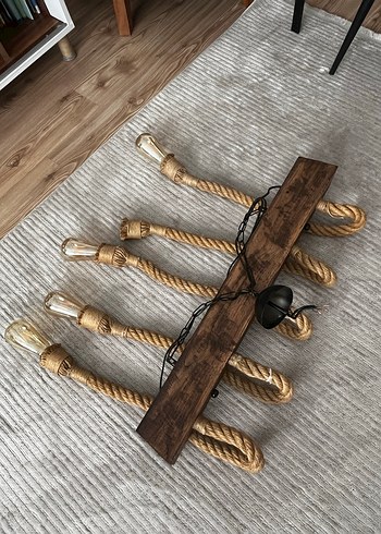 Bej Halatlı Ahşap Avize - Görsel 5