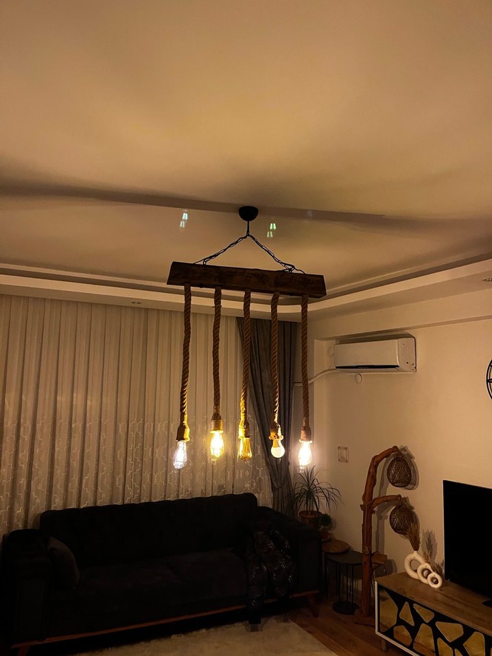 Bej Halatlı Ahşap Avize - Görsel 4