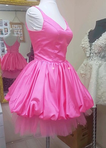 Pembe Midi Balon Etekli askili Abiye Elbise