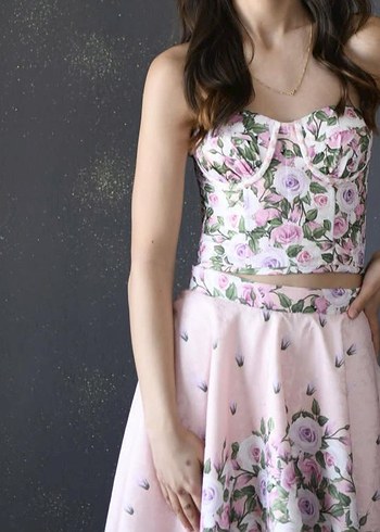 Pembe Çiçek Desenli Straplez Vintage Büstiyer