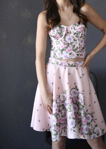 38 Beden pembe Renk Pembe Çiçek Desenli Straplez Vintage Büstiyer