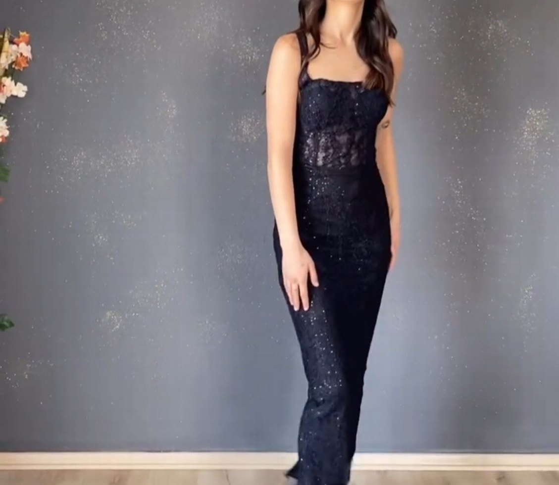 lacivert Yılan Desenli Uzun V Yaka Gece Elbisesi - Görsel 2