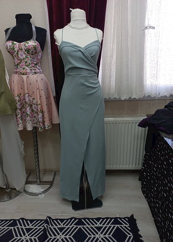 Gri Drapeli Uzun Askılı Abiye Elbise - Görsel 2