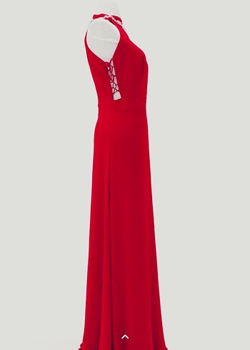 Kırmızı yan dekolteli Uzun Abiye Elbise - Görsel 2