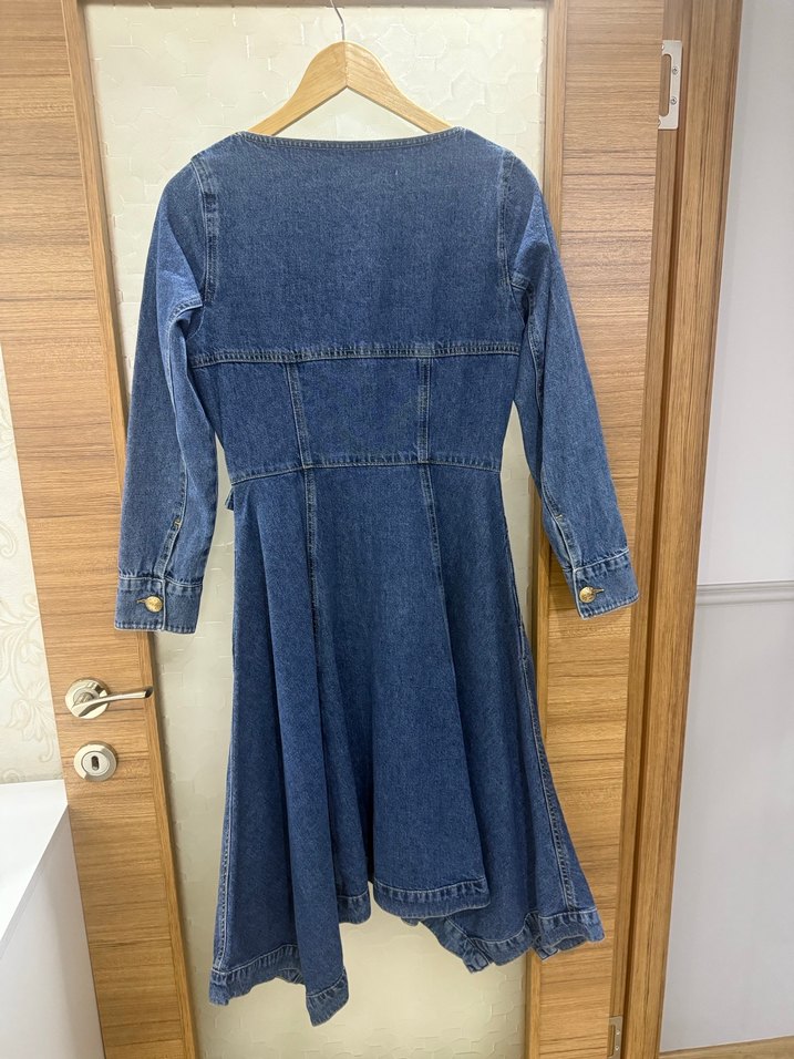 Nocturne Uzun Düğmeli Mavi Kadın Kot jean elbise - Görsel 4