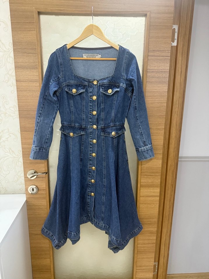 Nocturne Uzun Düğmeli Mavi Kadın Kot jean elbise - Görsel 2