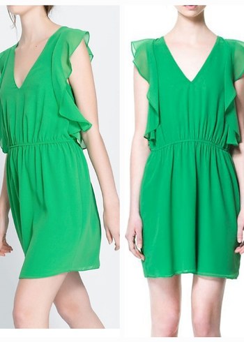 Zara ZARA Yeşil V Yaka Elbise XL