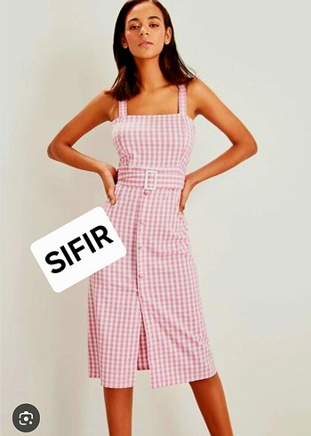 TRENDYOL Pembe Kareli Midi Strappy Elbise 38