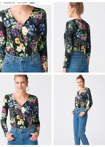 Dilvin DILVIN Çiçek Desenli V Yaka Uzun Kollu Bodysuit