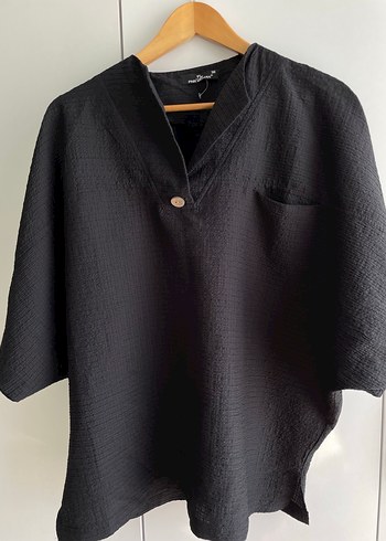 Düğmeli Siyah Keten Kadın Panço - Görsel 2