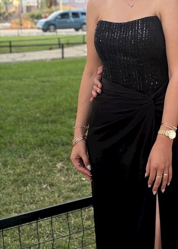 Siyah Drapeli Uzun Kadın Abiye Elbise - Görsel 2