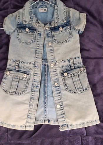 Kız Çocuk Denim Elbise Düğmeli ve Kolsuz