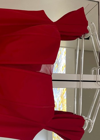 Klasik Kırmızı Drapeli Uzun Abiye Elbise - Görsel 4